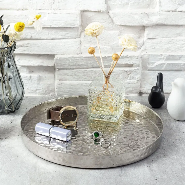 11 Inch Hammered Silver Round Decorative Tray, Aluminum Plated Serving Display Platter and Vanity Tray