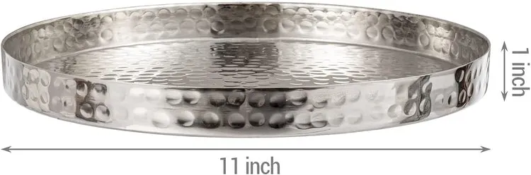 11 Inch Hammered Silver Round Decorative Tray, Aluminum Plated Serving Display Platter and Vanity Tray