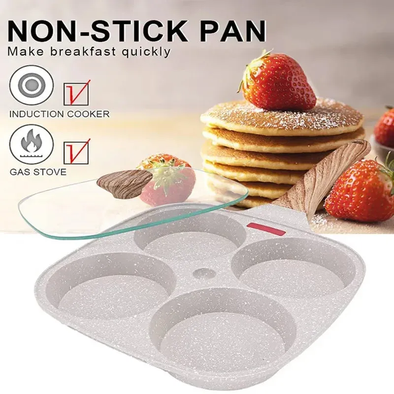 4 Hole Omelet Pan Frying Pot with Lid Thickened Steak Cooking Pan Bread