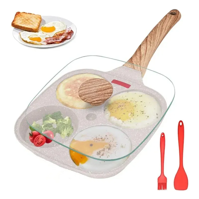 4 Hole Omelet Pan Frying Pot with Lid Thickened Steak Cooking Pan Bread