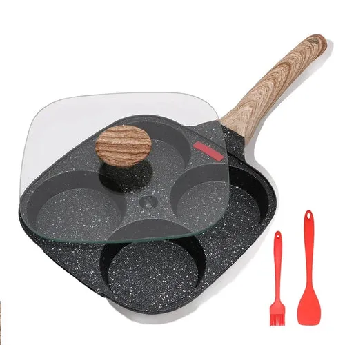 4 Hole Omelet Pan Frying Pot with Lid Thickened Steak Cooking Pan Bread