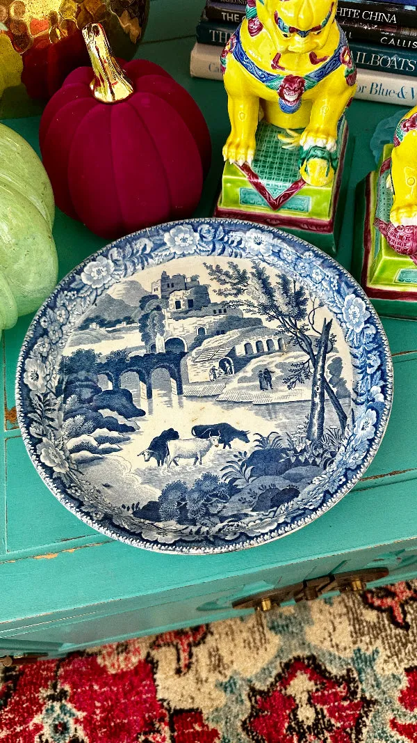 Antique Transferware Plate with Pedestal - Pastoral Scene