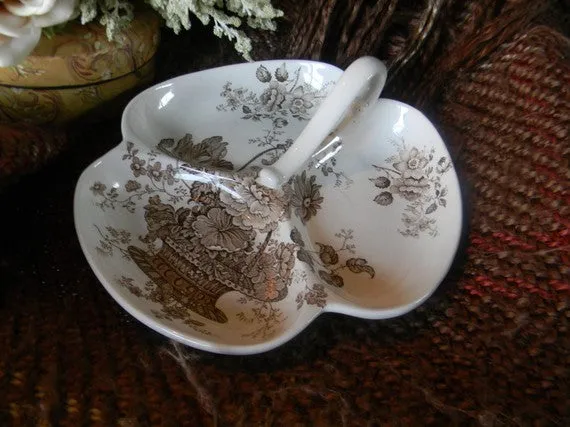 Brown Transferware Handled Three Part Serving Dish Charlotte Basket of Flowers RARE