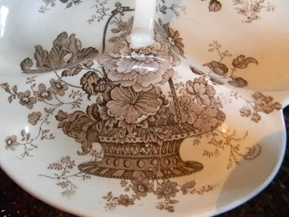 Brown Transferware Handled Three Part Serving Dish Charlotte Basket of Flowers RARE