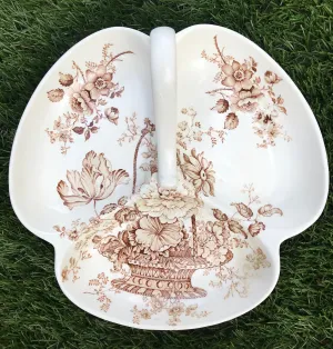 Brown Transferware Handled Three Part Serving Dish Charlotte Basket of Flowers RARE