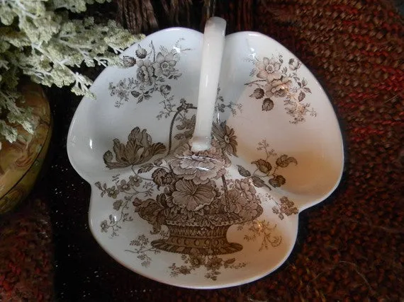 Brown Transferware Handled Three Part Serving Dish Charlotte Basket of Flowers RARE