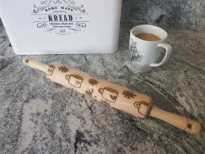 Coco, Hot Chocolate, Coffee, Snowflakes, Winter, Christmas, Texture, Embossed, Engraved, Wooden Rolling Pin, Cookie Stamp, pottery