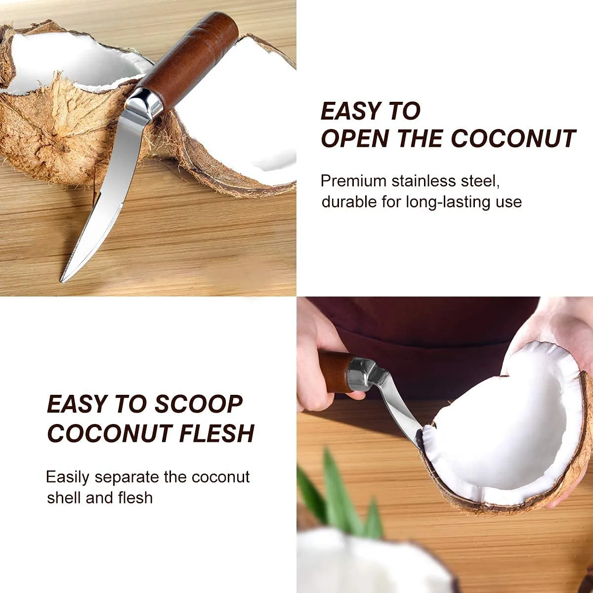 EzLife Coconut Tool Coconut Shell Remover Durable Wooden Handle Stainless Steel Coconut Opener Scraper Knife Kitchen Accessories (Stainless Steel - Pack of 1)