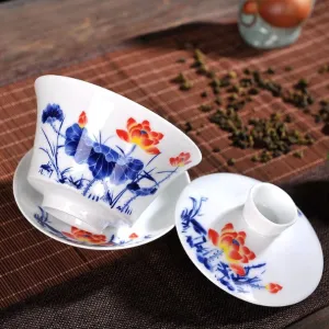 Gaiwan The Brewing Cup With Saucer in Blue Daisy Print - The Oriental Teacup Saucer And Lid