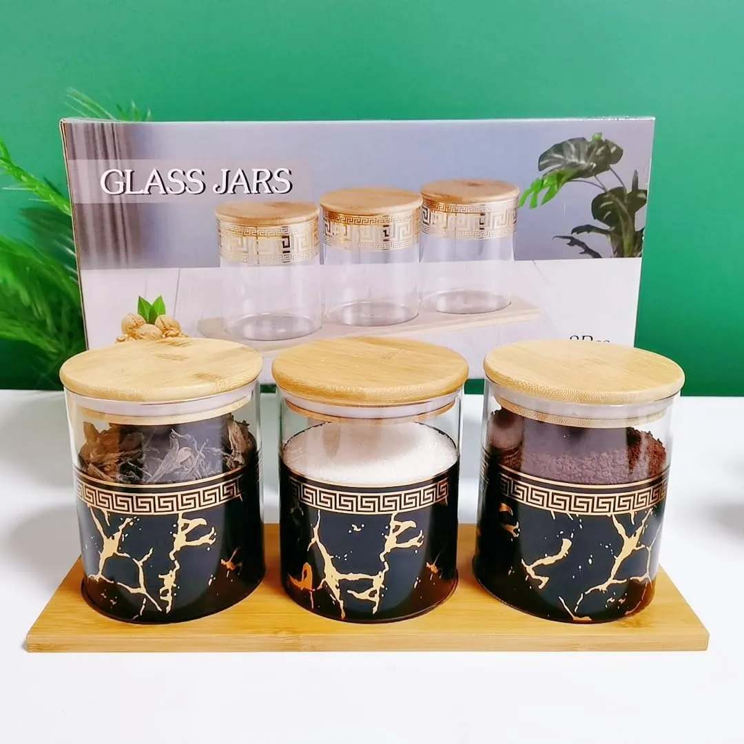 Gleevers UMAI Borosilicate Glass Containers with Bamboo Lid and Tray|Kitchen Organizer Items and Storage|Multipurpose Airtight Containers|3 Pieces Kitchen Containers Set-850ml Each