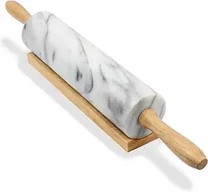 Hand Crafted Nonstick Marble Rolling Pin With Wood Handles On Wooden Board