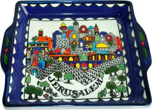 Holy Land Market Armenian Ceramic Jerusalem City square Bread/Matzah Seder Plate - 9.5 Inches - Asfour Outlet Trademark