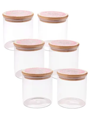 Homestic Borosilicate Glass Jar with Printed Bamboo Lid|Kitchen Organizer Items and Storage|Multi-utility, Leakproof, Airtight Storage Jar for Cookies,Snacks,Tea,Coffee,Sugar|Pack of 6(300ml)