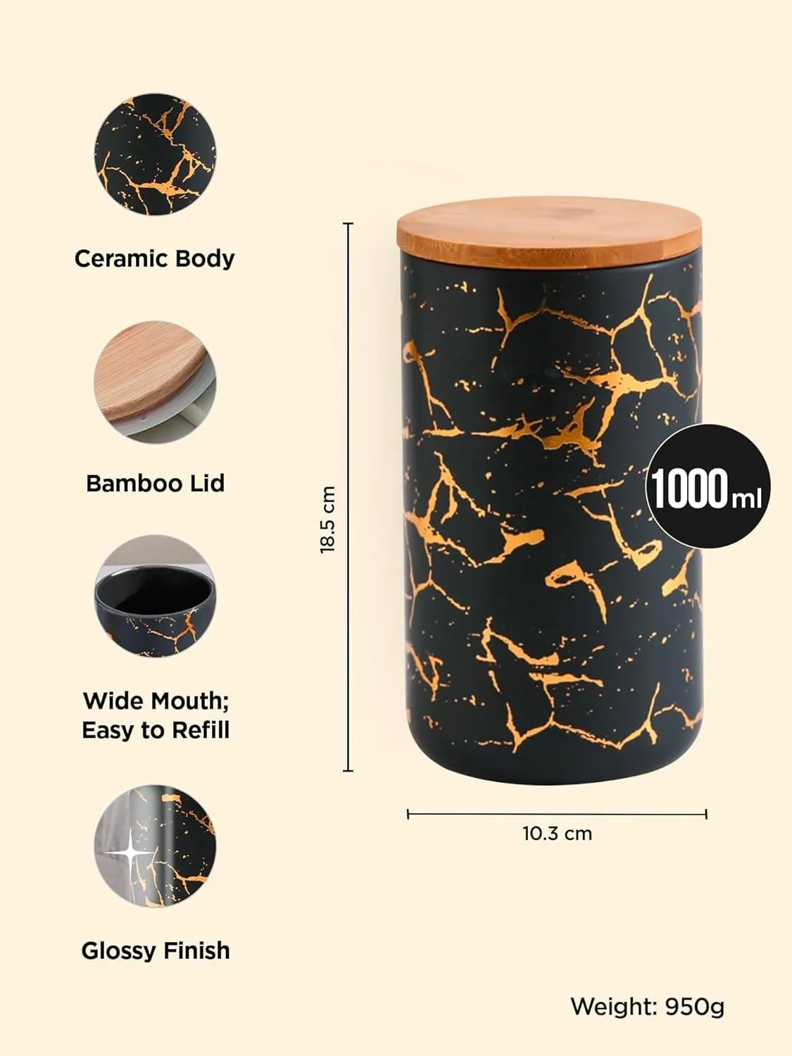 Homestic Ceramic Jar with Bamboo Lid 1000ml | Air Tight Containers for Kitchen Storage | Multipurpose-Tea,Coffee,Snacks,Sugar,Salt,Dry Fruit,Pulses | Black | Pack of 2