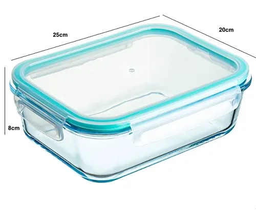 HOMIES , 1 piece, Rectangular glass Storage/Serving Bowl Set lunch tiffin box with Clamp plastic lid (2150ML)