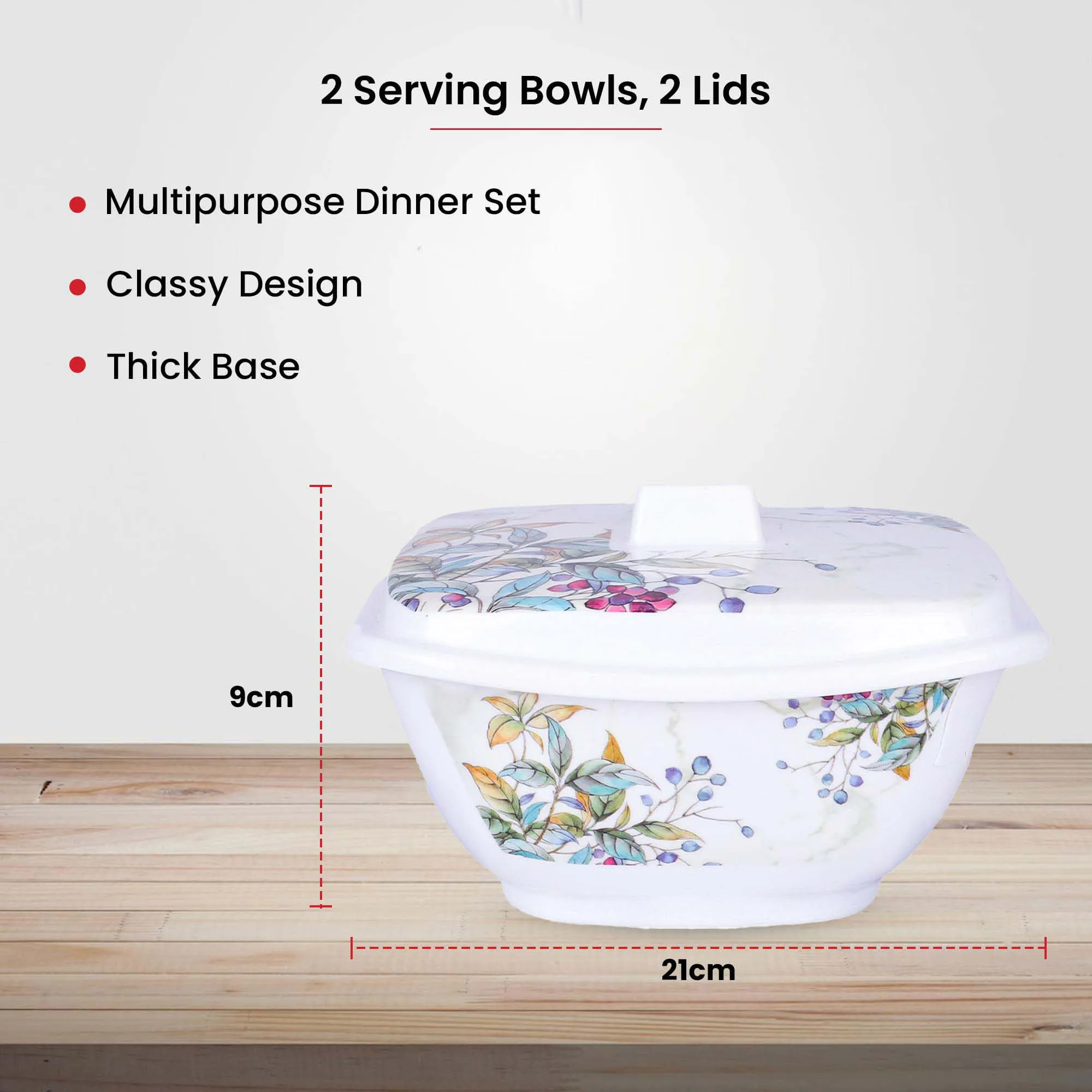 Kuber Industries Microwave Safe & BPA Free Melamine Serving Bowls with Lids Set of 2 | Heat Resistant & Unbreakable Rice Bowl for Serving, Mixing Bowls for Kitchen | Green Marble Flower