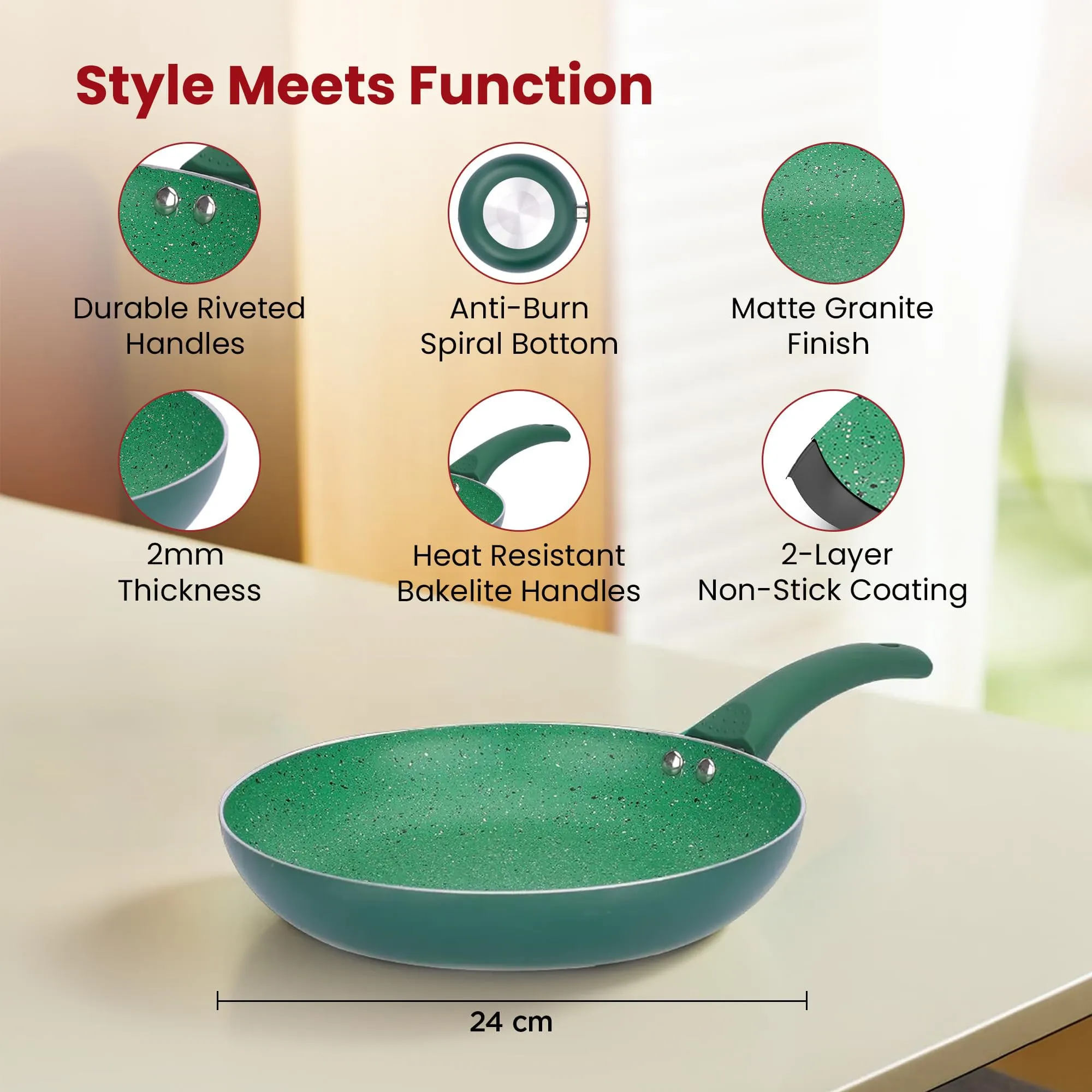 Kuber Industries Non-Stick Aluminum Frying Pan with Handle | Lightweight Induction Pan for Omelettes & Fish Cooking & Tadka | Scratch Resistent, Gas & Induction Compatible | Light Green