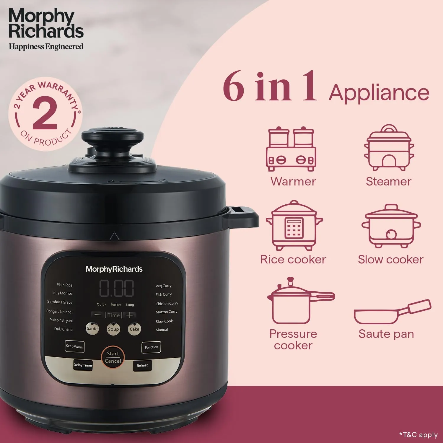 Morphy Richards WizPot 6 Litres 1000W Electric Pressure Cooker| Customised Preset for Indian Cooking| Automatic Shut-Off| Metallic Brown