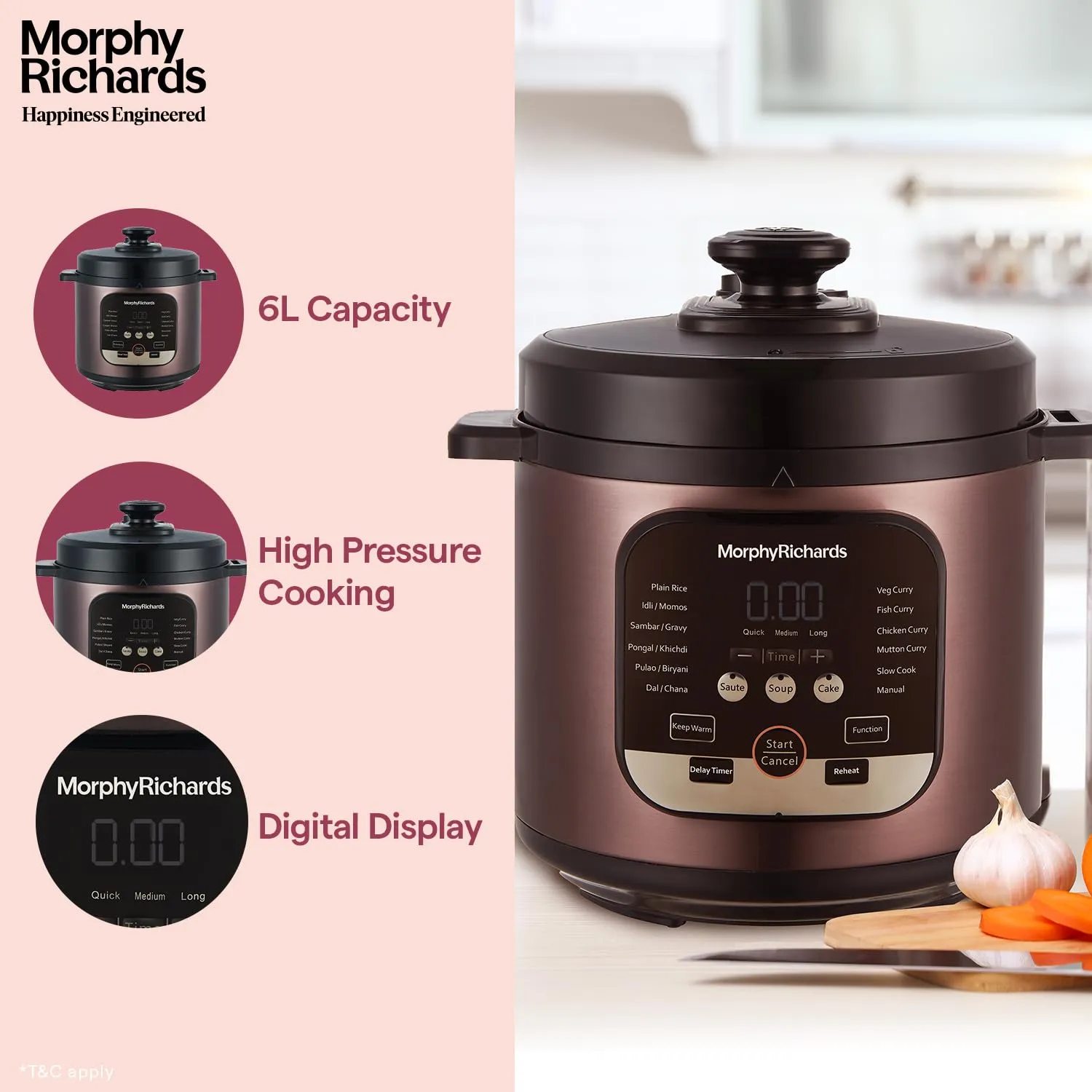 Morphy Richards WizPot 6 Litres 1000W Electric Pressure Cooker| Customised Preset for Indian Cooking| Automatic Shut-Off| Metallic Brown