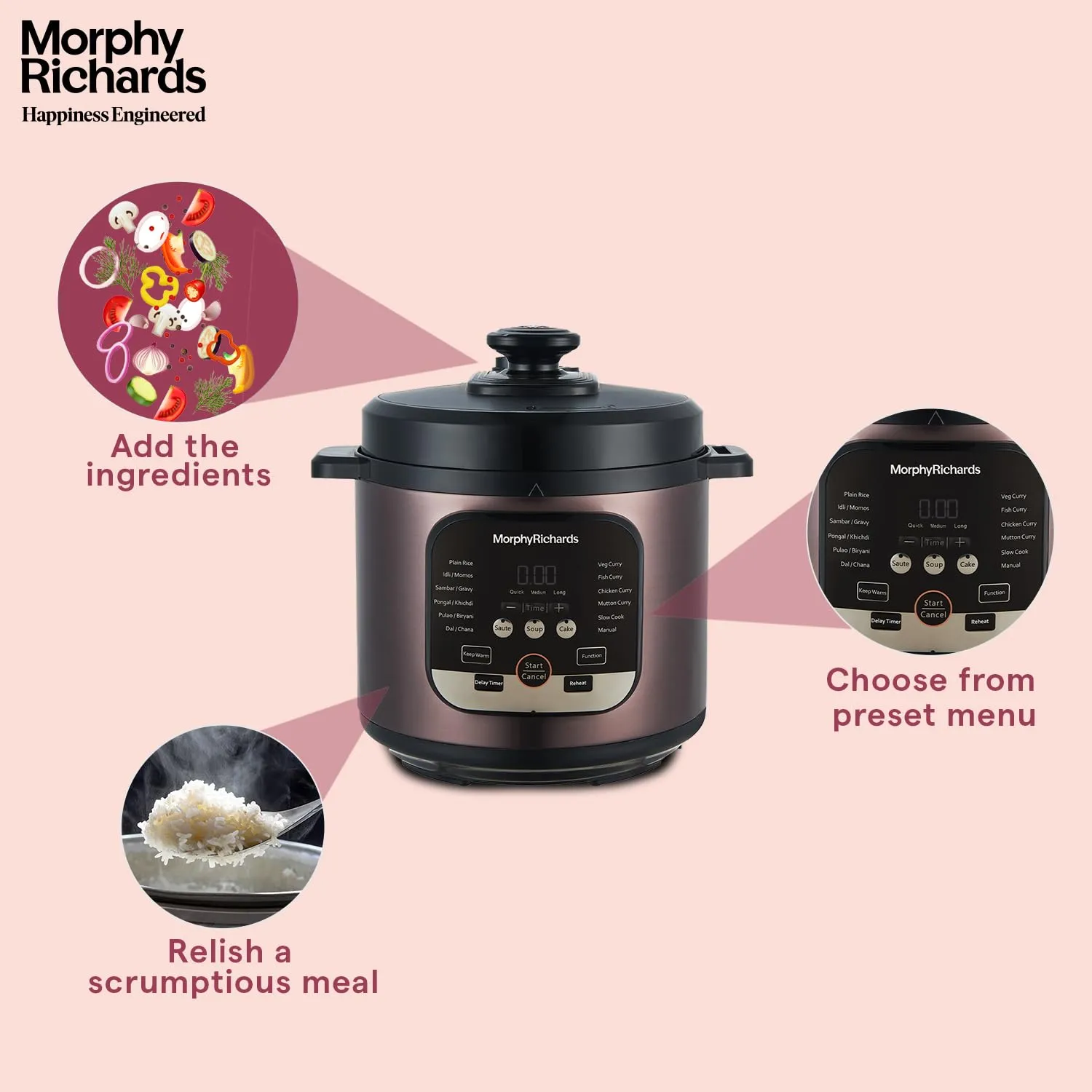 Morphy Richards WizPot 6 Litres 1000W Electric Pressure Cooker| Customised Preset for Indian Cooking| Automatic Shut-Off| Metallic Brown