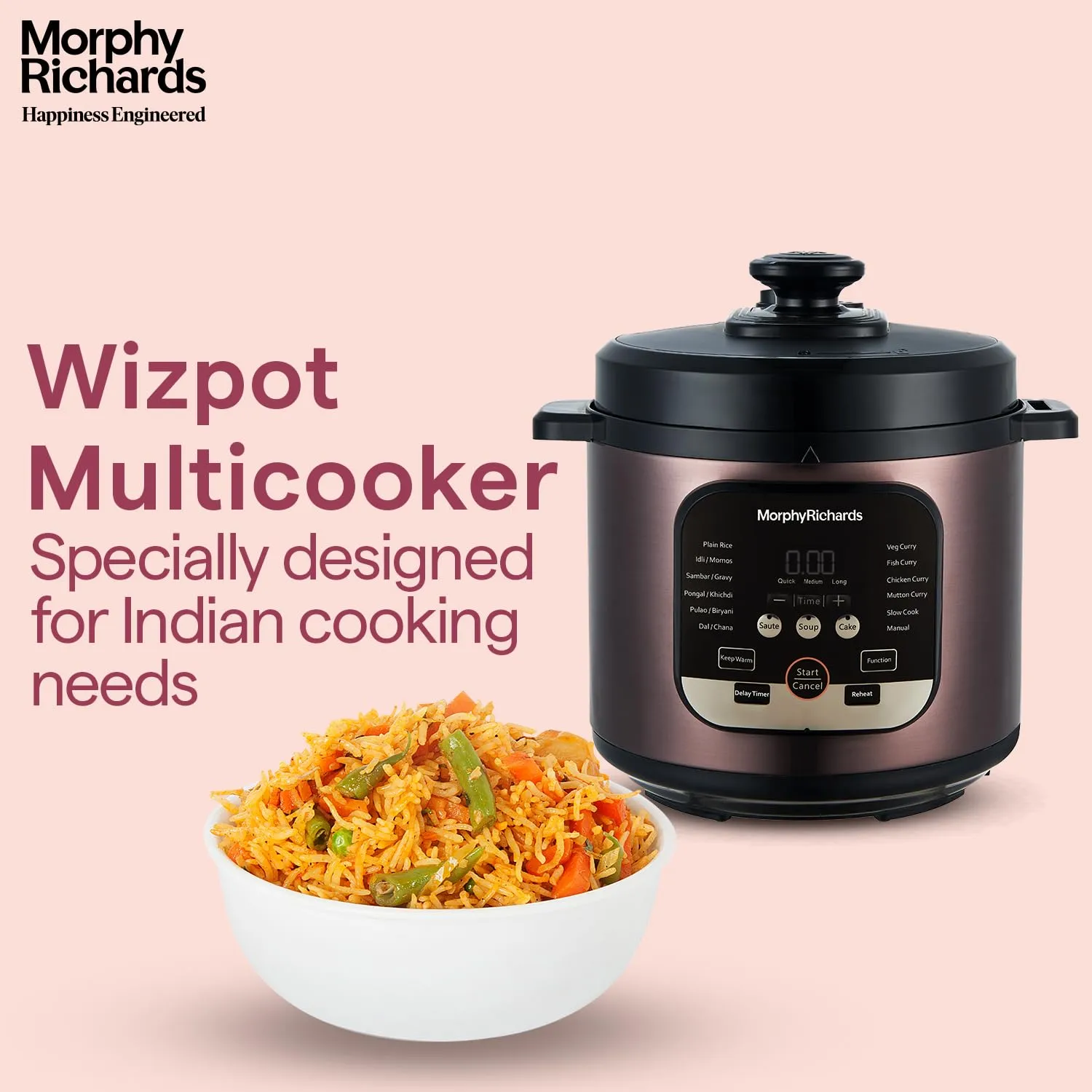 Morphy Richards WizPot 6 Litres 1000W Electric Pressure Cooker| Customised Preset for Indian Cooking| Automatic Shut-Off| Metallic Brown