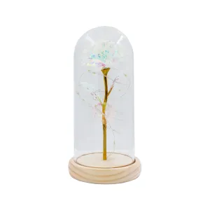 Ornament Display Glass Round Dome Jar with Rose & Wooden Base