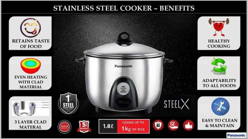 Panasonic Electric Rice Cooker SR-G18 (SUS), 1.8 Litre, With Triply Steel Inner Container (2 pots)