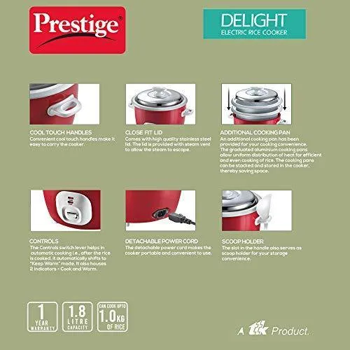 Prestige Delight Electric Rice Cooker Cute 1.8-2 (700 watts) with 2 Aluminium Cooking Pans