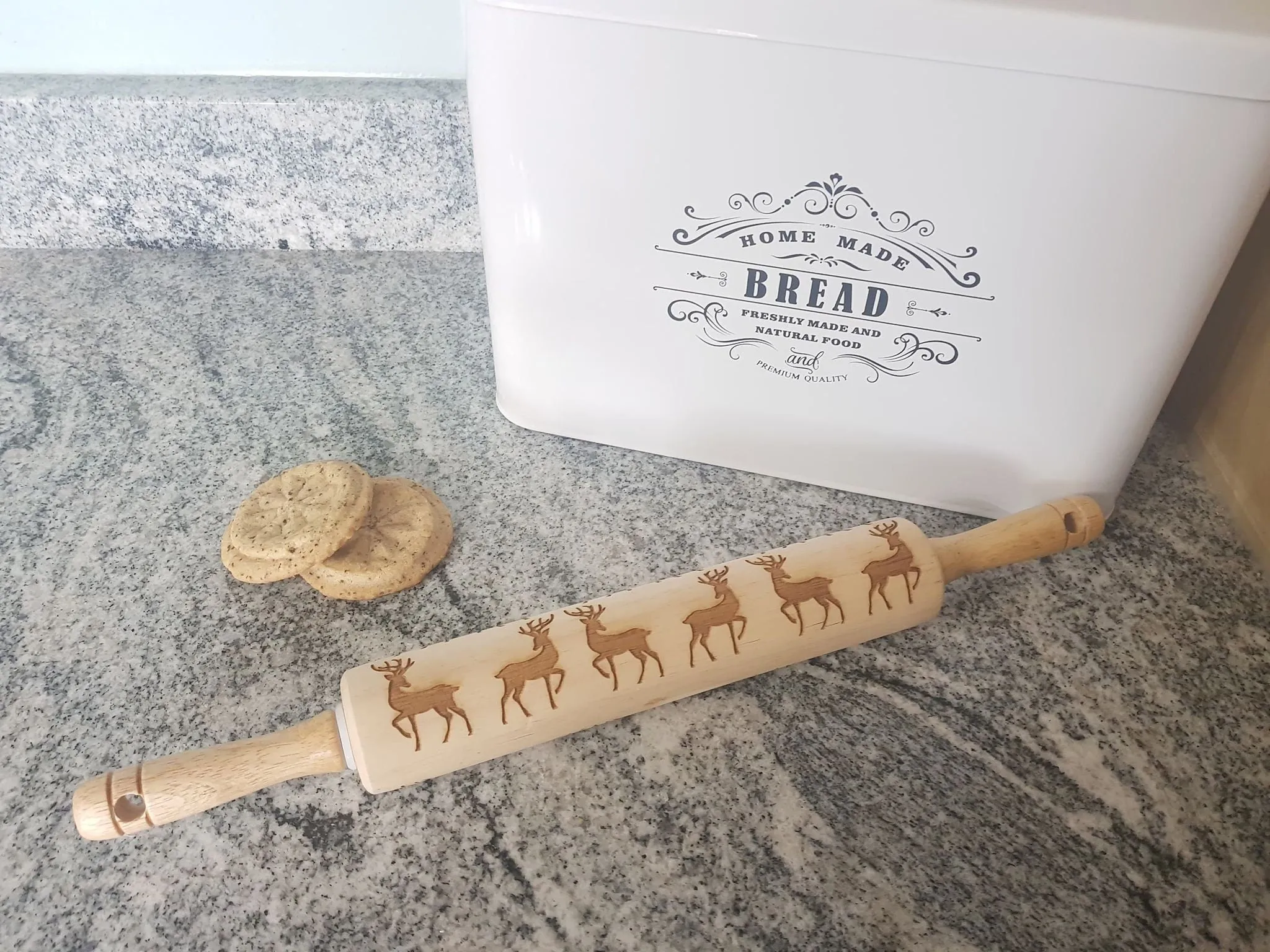 Reindeer, Deer, 10 Inch Rolling Pin, Embossed, Engraved, Wooden Rolling Pin, Cookie Stamp, Laser, Hardwood, pottery texture