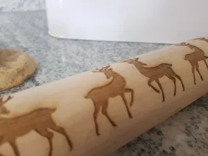 Reindeer, Deer, 10 Inch Rolling Pin, Embossed, Engraved, Wooden Rolling Pin, Cookie Stamp, Laser, Hardwood, pottery texture