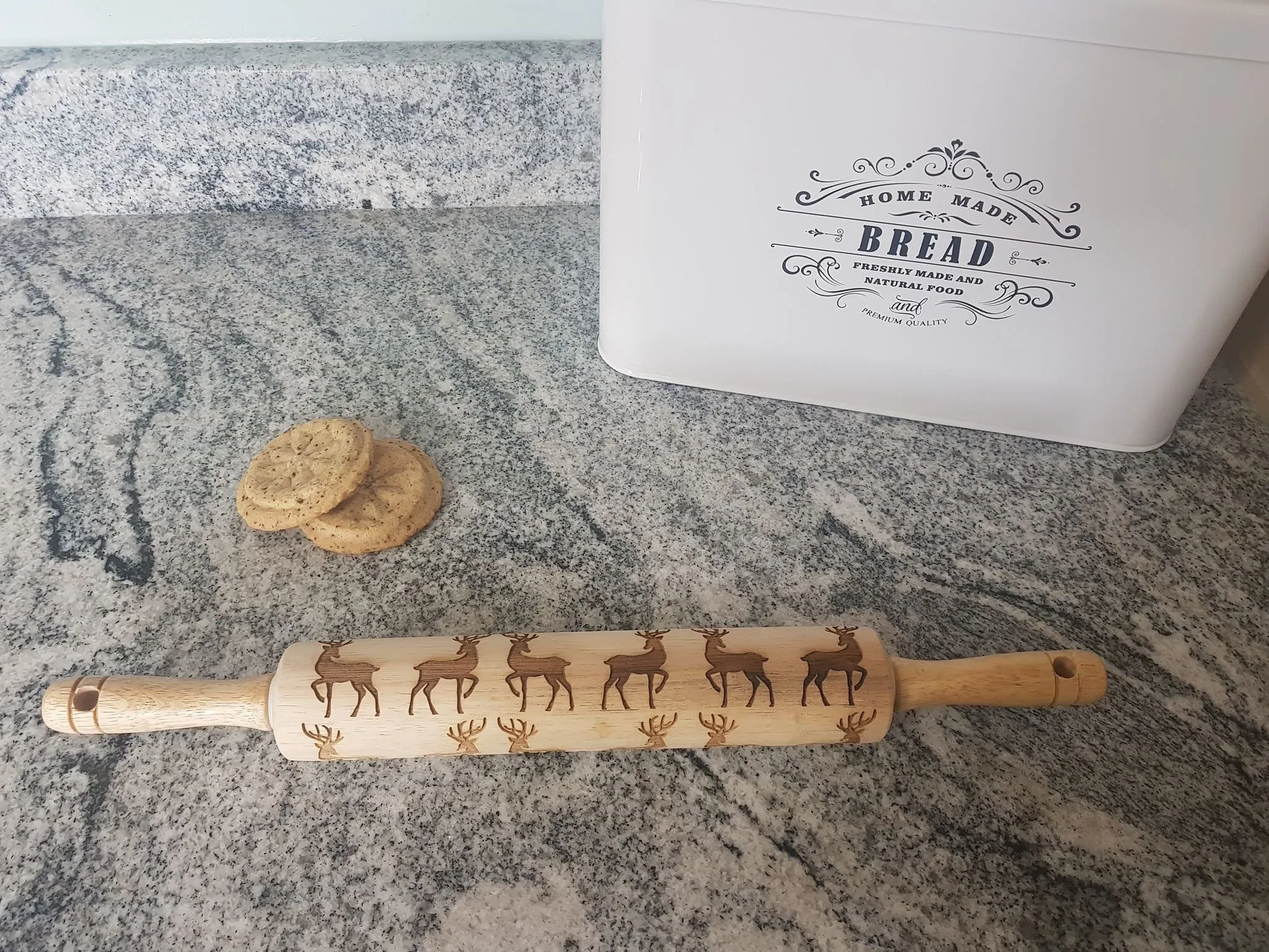 Reindeer, Deer, 10 Inch Rolling Pin, Embossed, Engraved, Wooden Rolling Pin, Cookie Stamp, Laser, Hardwood, pottery texture