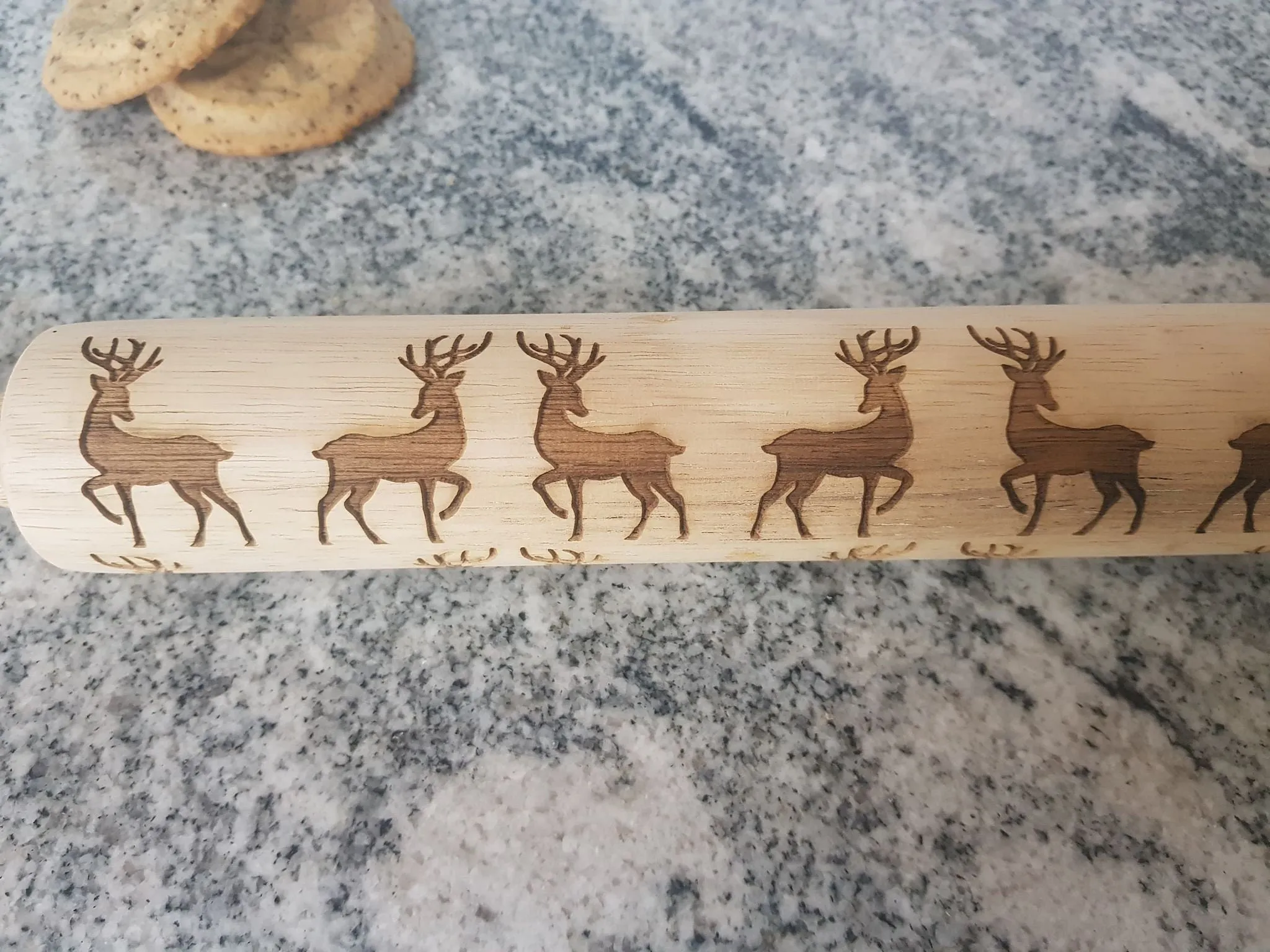 Reindeer, Deer, 10 Inch Rolling Pin, Embossed, Engraved, Wooden Rolling Pin, Cookie Stamp, Laser, Hardwood, pottery texture