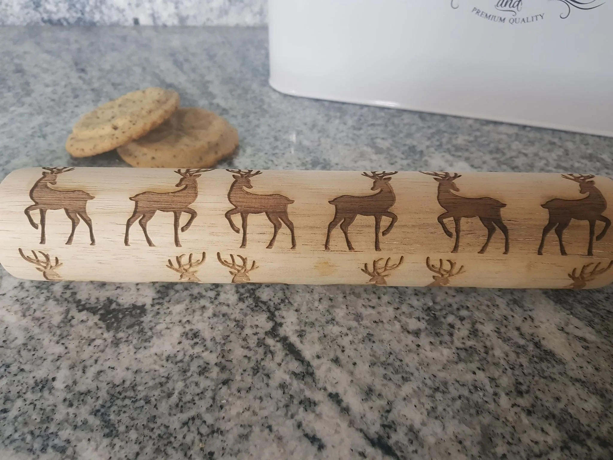 Reindeer, Deer, 10 Inch Rolling Pin, Embossed, Engraved, Wooden Rolling Pin, Cookie Stamp, Laser, Hardwood, pottery texture