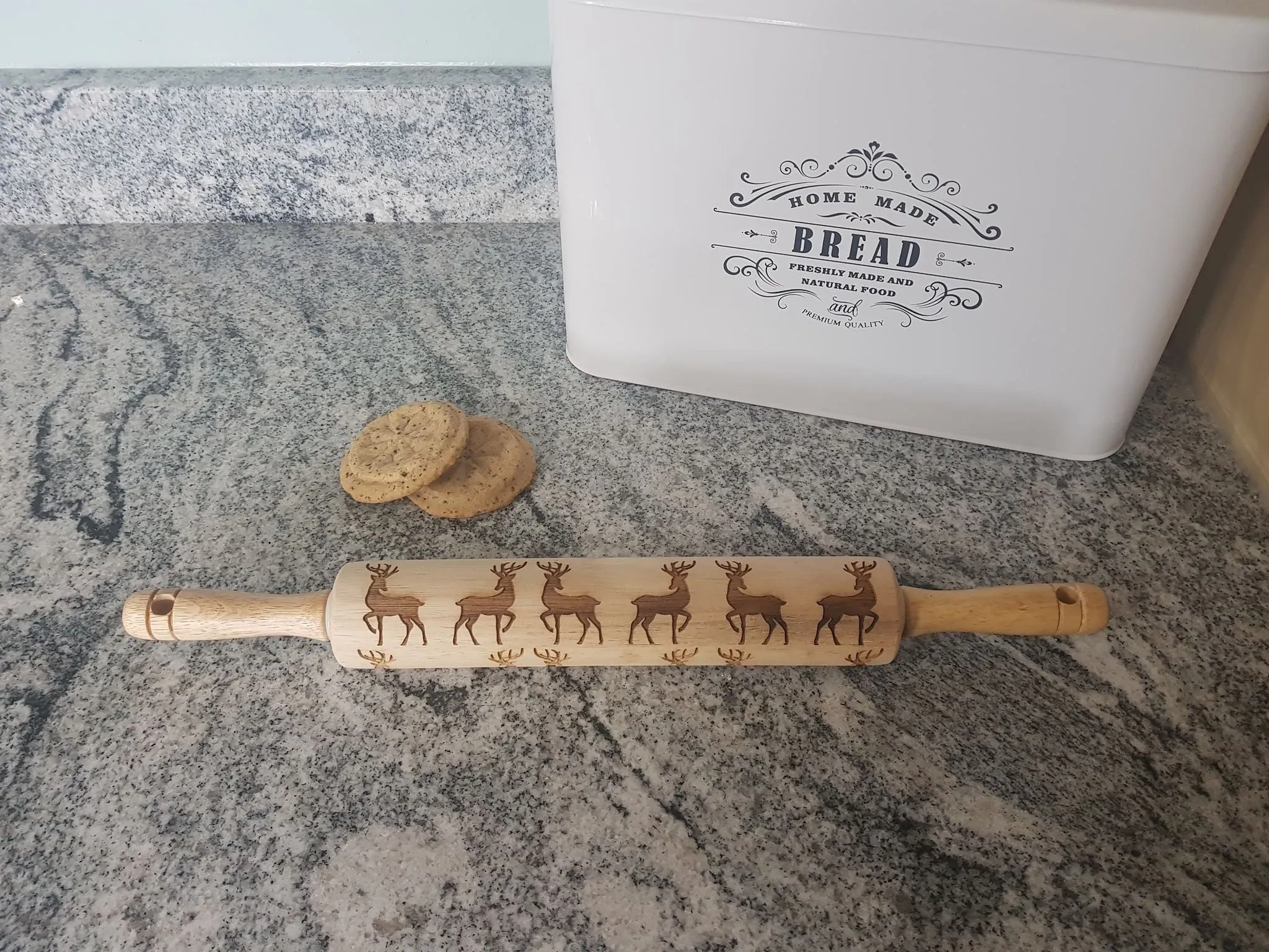 Reindeer, Deer, 10 Inch Rolling Pin, Embossed, Engraved, Wooden Rolling Pin, Cookie Stamp, Laser, Hardwood, pottery texture