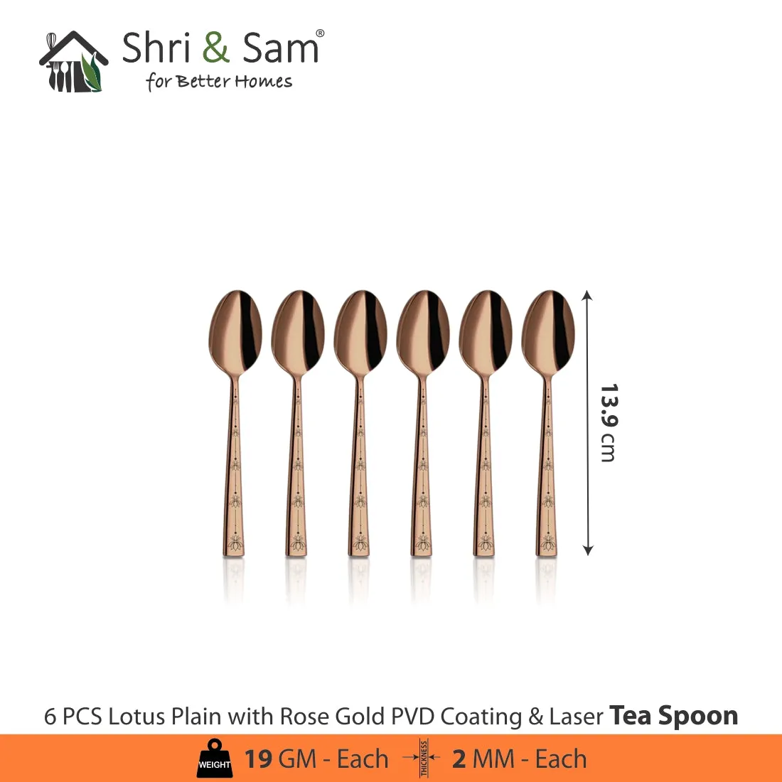 Stainless Steel Cutlery with Rose Gold PVD Coating & Laser Lotus Plain