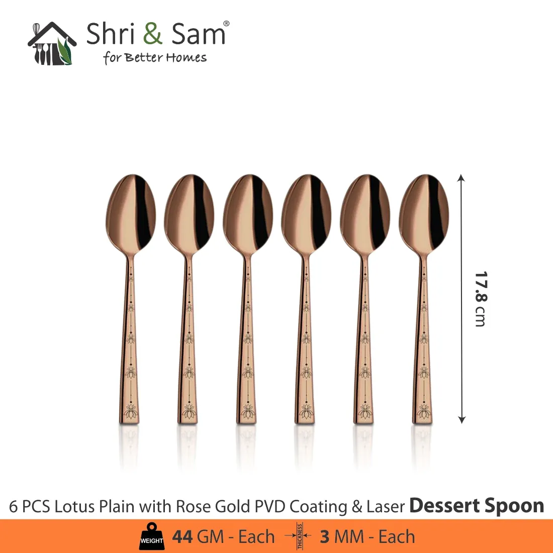 Stainless Steel Cutlery with Rose Gold PVD Coating & Laser Lotus Plain