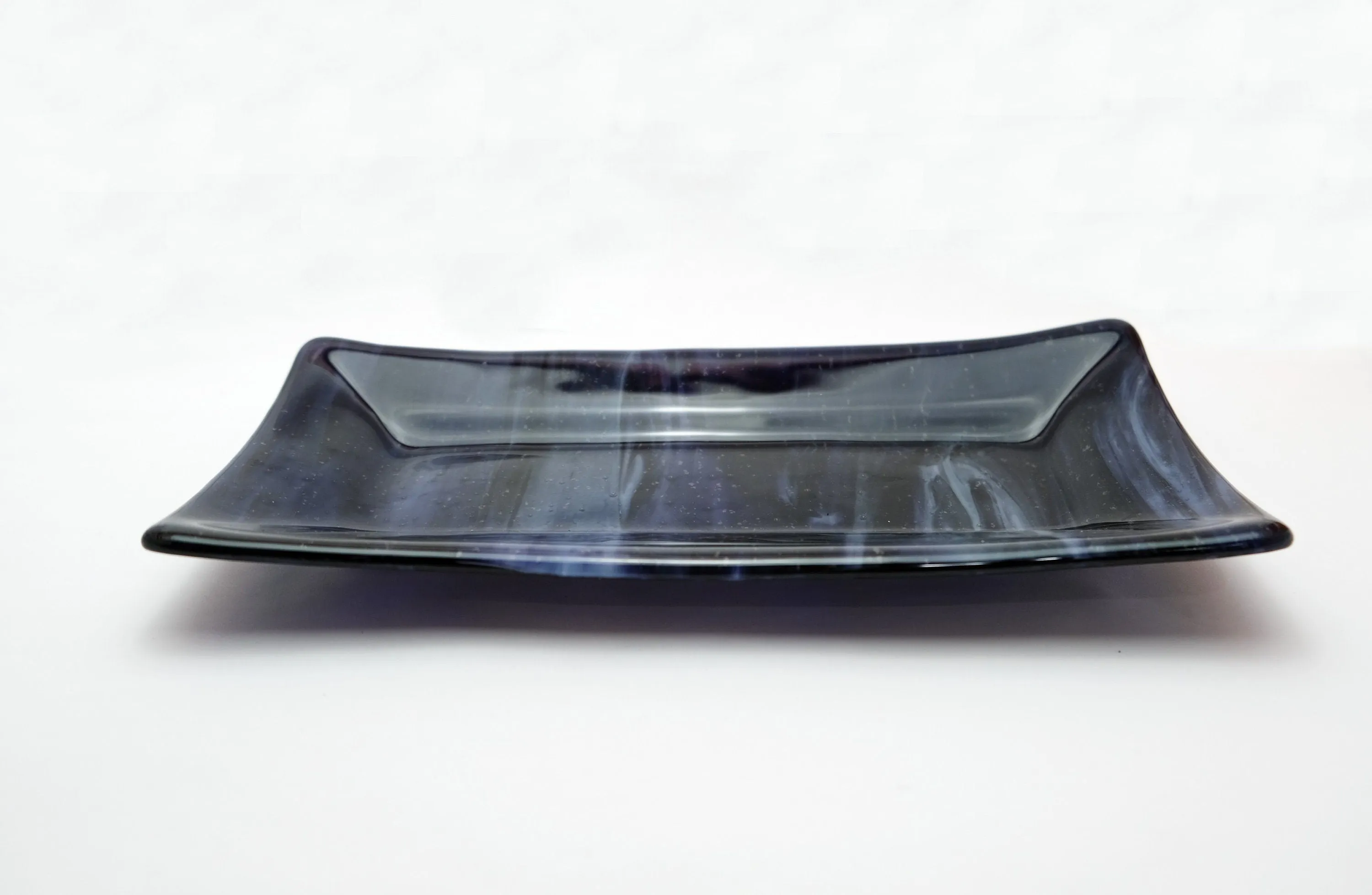 Swirling Wonder: Handcrafted 10 Inch by 5 Inch Purple, Blue and black Fused Glass Serving Plate