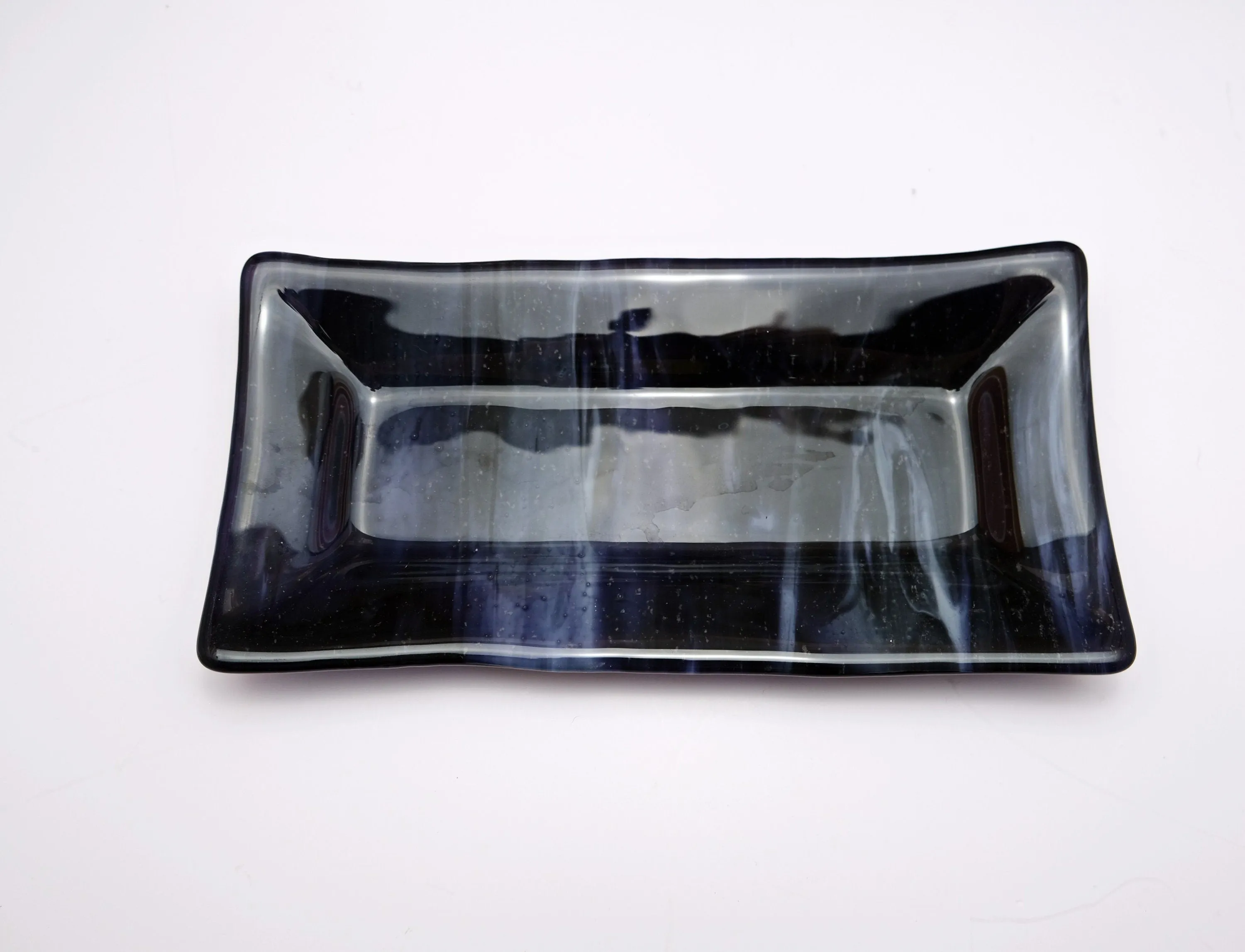 Swirling Wonder: Handcrafted 10 Inch by 5 Inch Purple, Blue and black Fused Glass Serving Plate