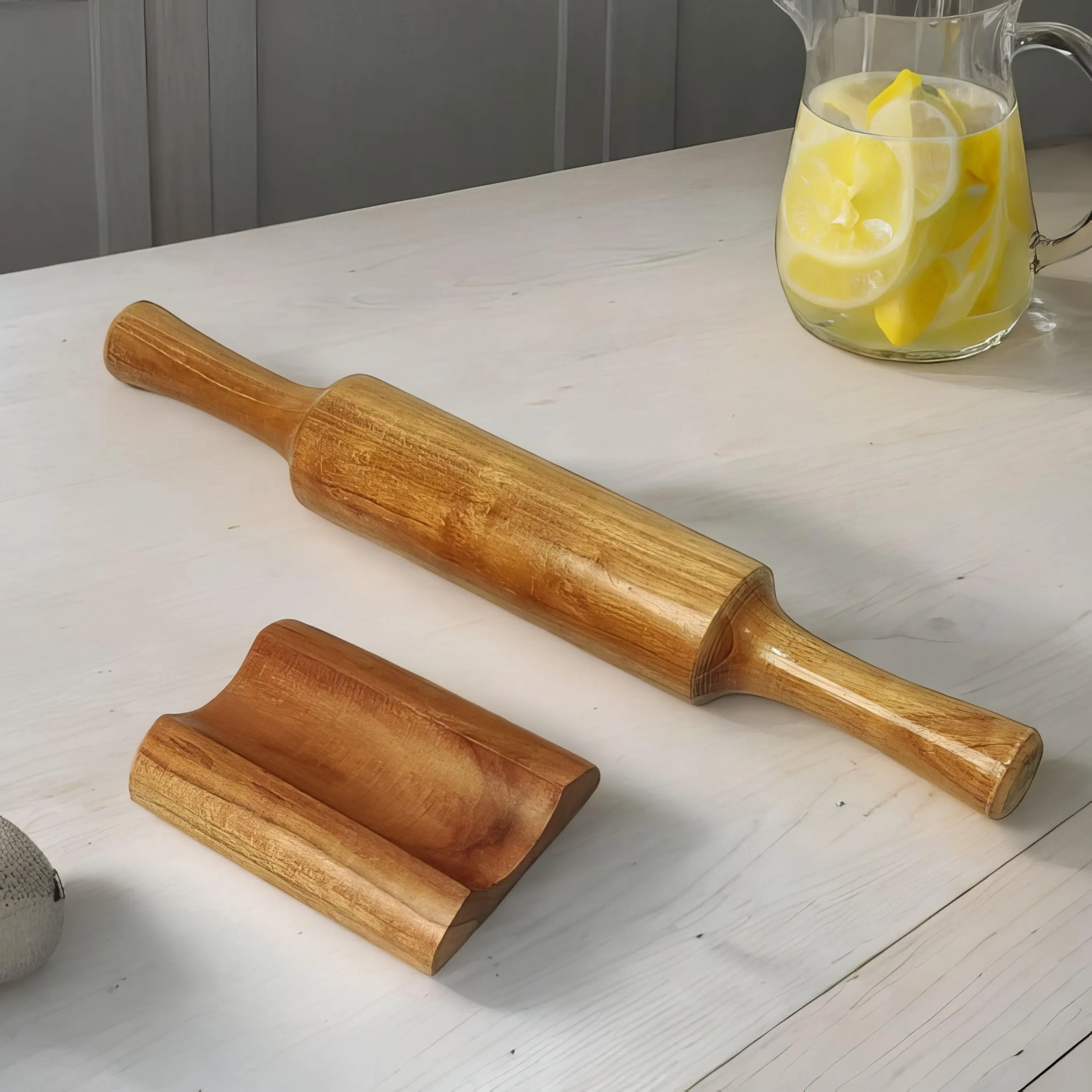 Teak Wood Belan with Stand, Rolling Pin with Holder