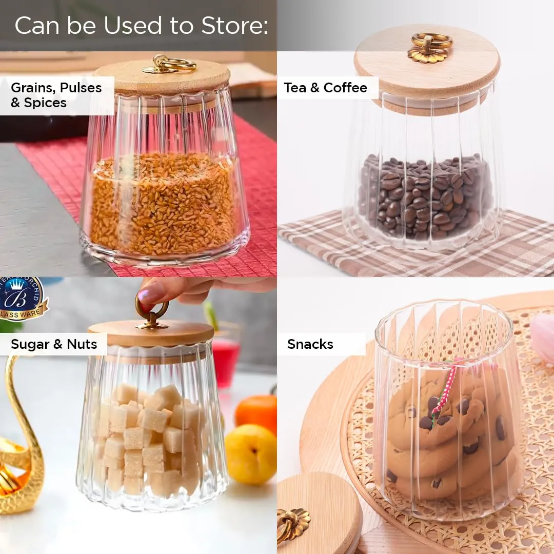 UMAI Borosilicate Glass Jar With Bamboo Lid Kitchen Organizer Items And Storage Multi-Utility, Leakproof, Airtight Storage Jar For Cookies, Snacks, Tea, Coffee, Sugar (620 Ml), Transparent