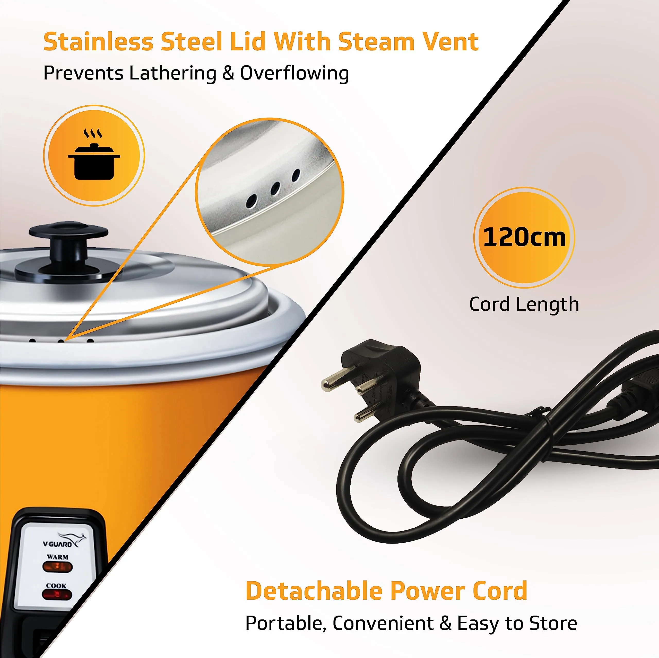 V-Guard VRCD 1.8 Litre Electric Rice Cooker, 5 Year Heating Plate & 2 Year Product Warranty, Automatic Cooking with Warm & Cook Functions, Pale Orange