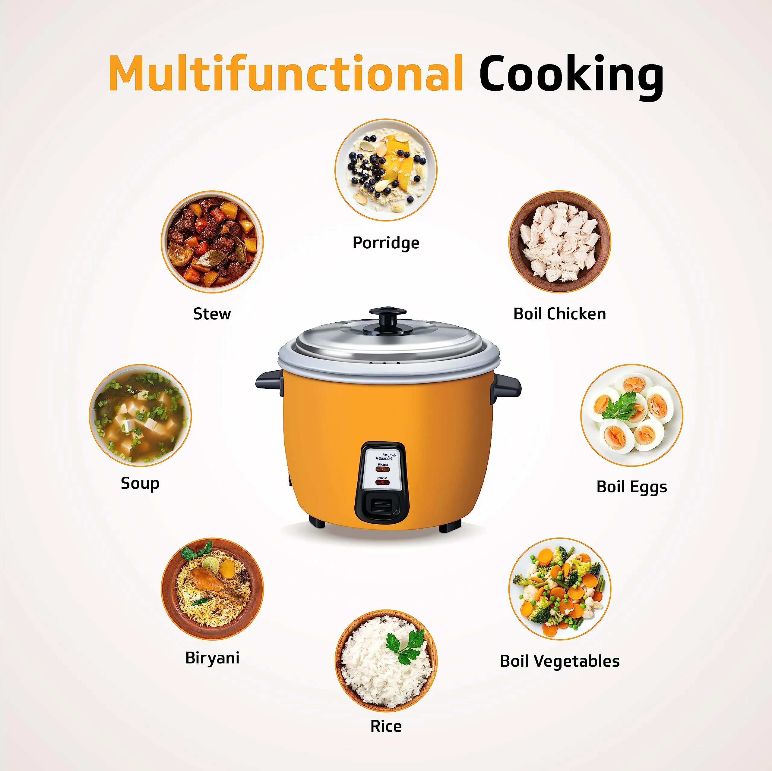 V-Guard VRCD 1.8 Litre Electric Rice Cooker, 5 Year Heating Plate & 2 Year Product Warranty, Automatic Cooking with Warm & Cook Functions, Pale Orange